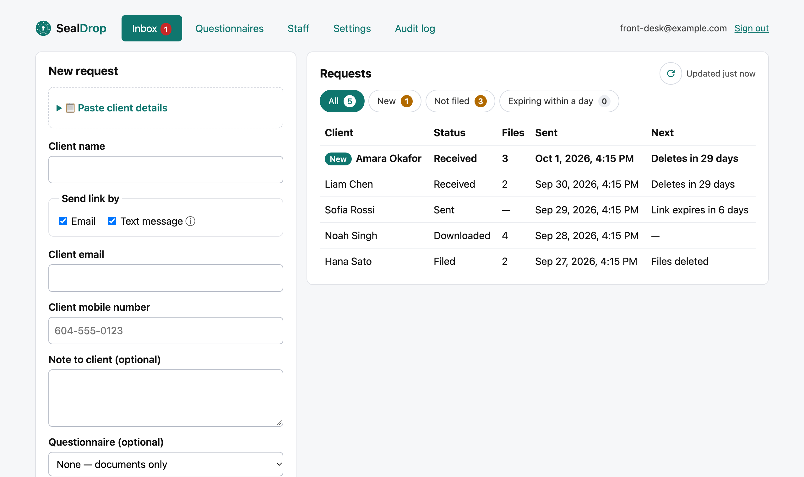 The SealDrop inbox: requests with status, files received and when each is deleted