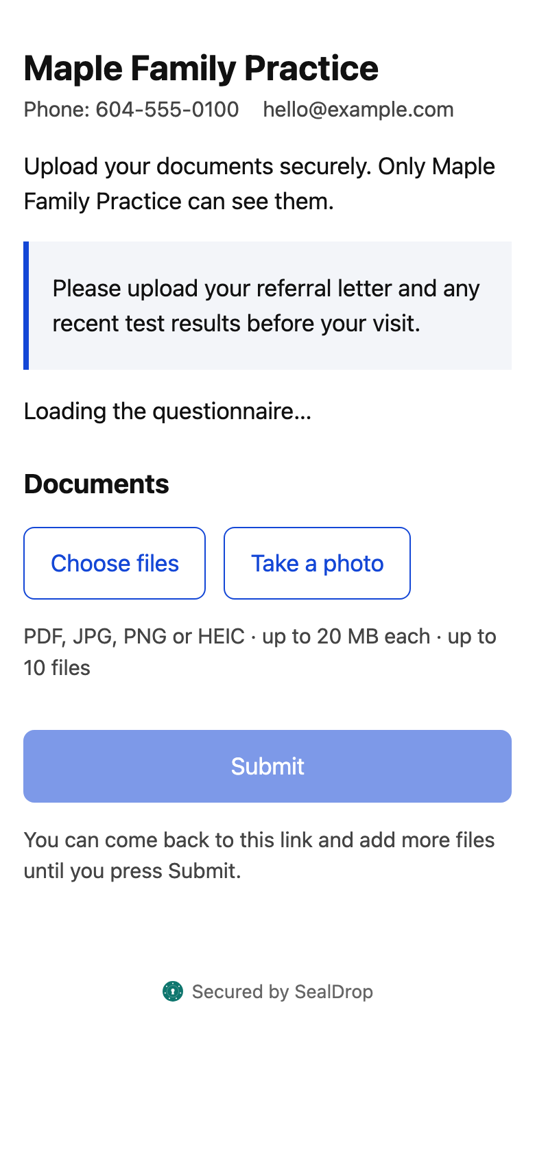 The upload page on a phone: choose files or take a photo, then submit