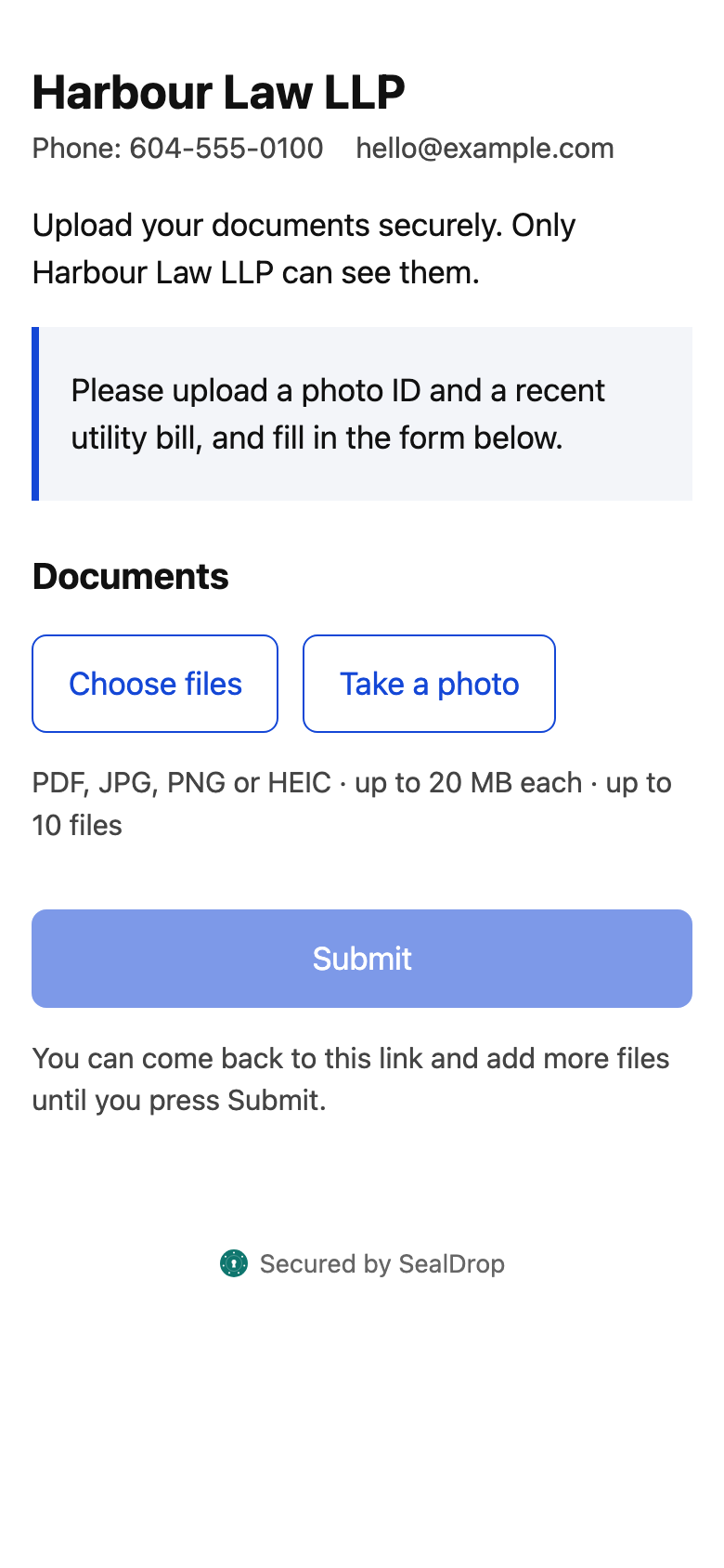 The upload page on a phone: choose files or take a photo, then submit