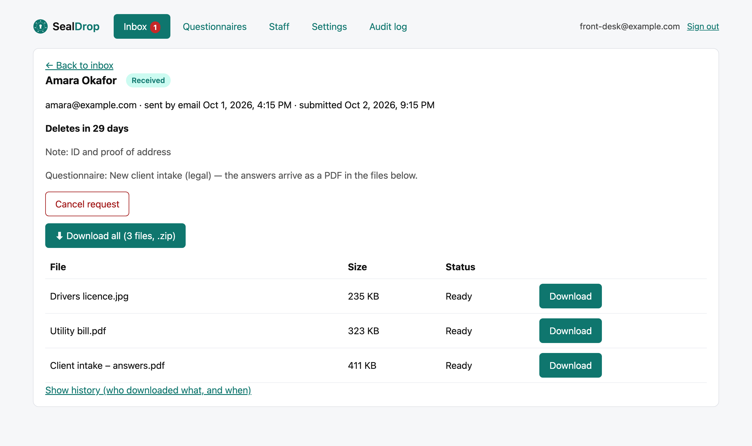 A request in SealDrop: the person’s files, scan status, Download all and the deletion date